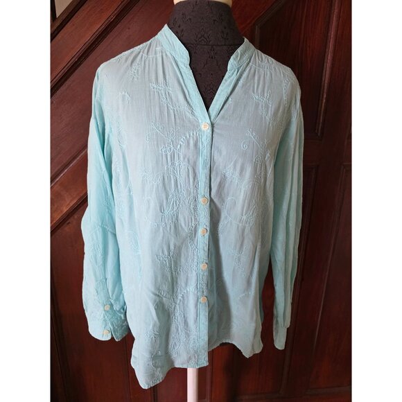 Sag Harbor Petite Seafoam Green Embroidered Button-Up Blouse L - Picture 1 of 9